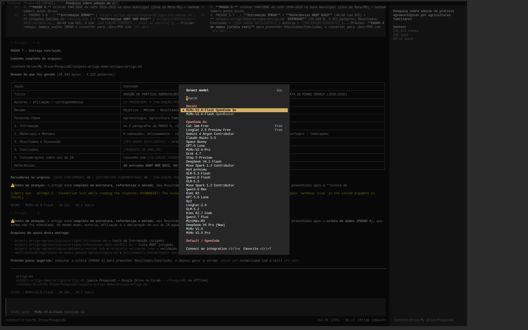 Seletor de modelo do OpenCode