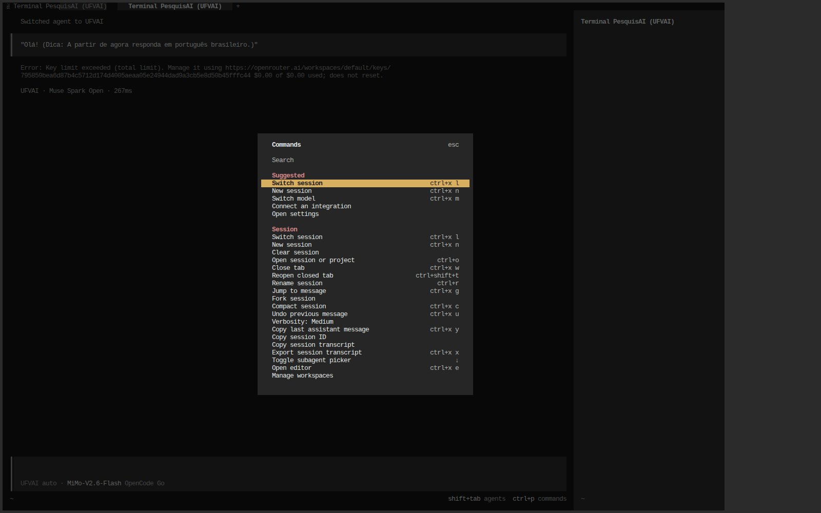 Menu de comandos do terminal